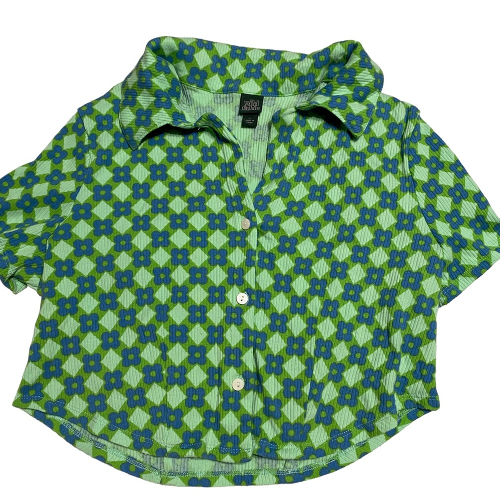Wild Fable Green Button Up Collared Crop Top Large